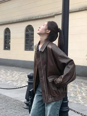 Bonnyshow skater boy outfits Retro Brown Leather Coat Women's Short 2024 Spring and Autumn Small Korean Style Loose Leather Jacket Handsome Motorcycle Jacket