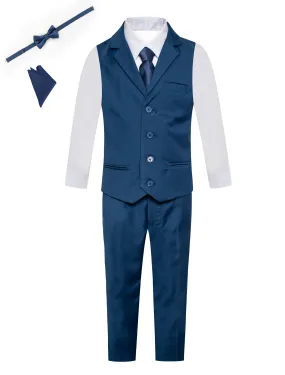 Boys Suit Vest 6 Piece Set: Notch Lapel Buttoned Vest, Dress Shirt, Pants, Tie, Bowtie, Pocket Square