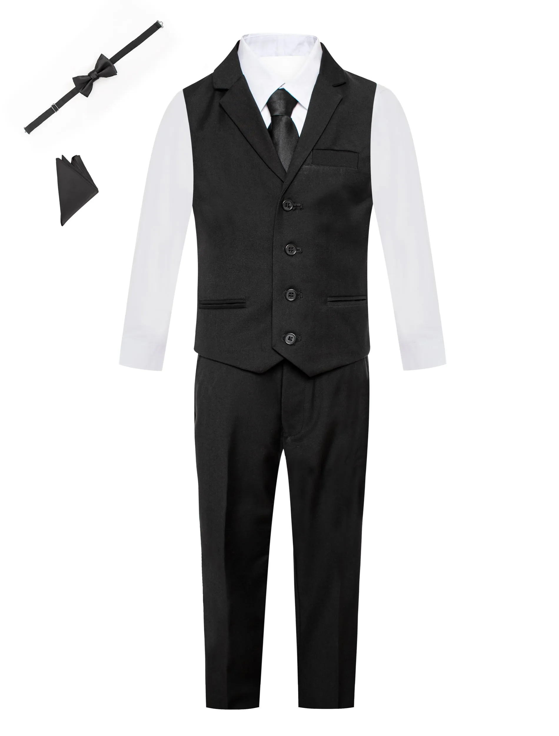 Boys Suit Vest 6 Piece Set: Notch Lapel Buttoned Vest, Dress Shirt, Pants, Tie, Bowtie, Pocket Square