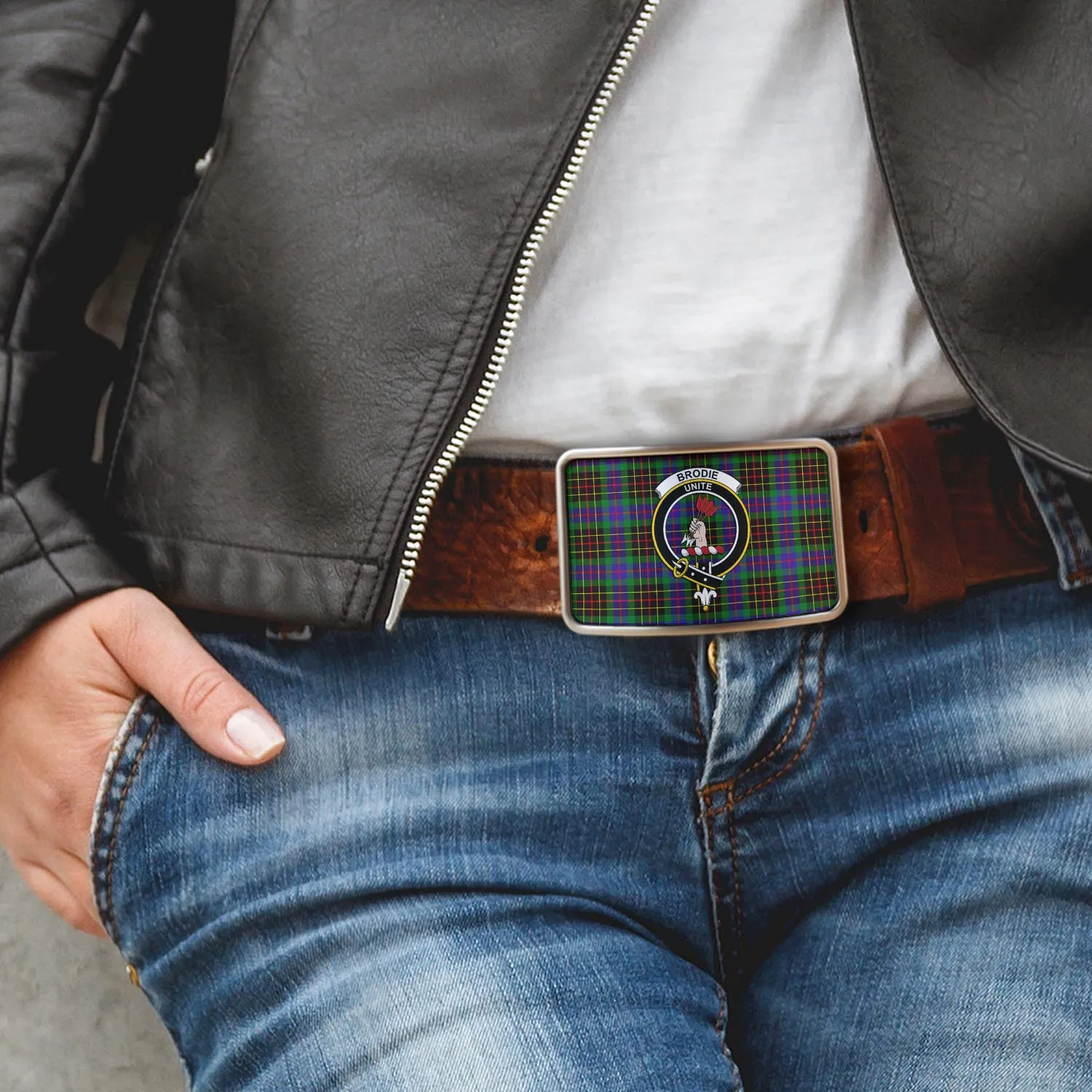 Brodie Hunting Modern Tartan Belt Buckles with Family Crest