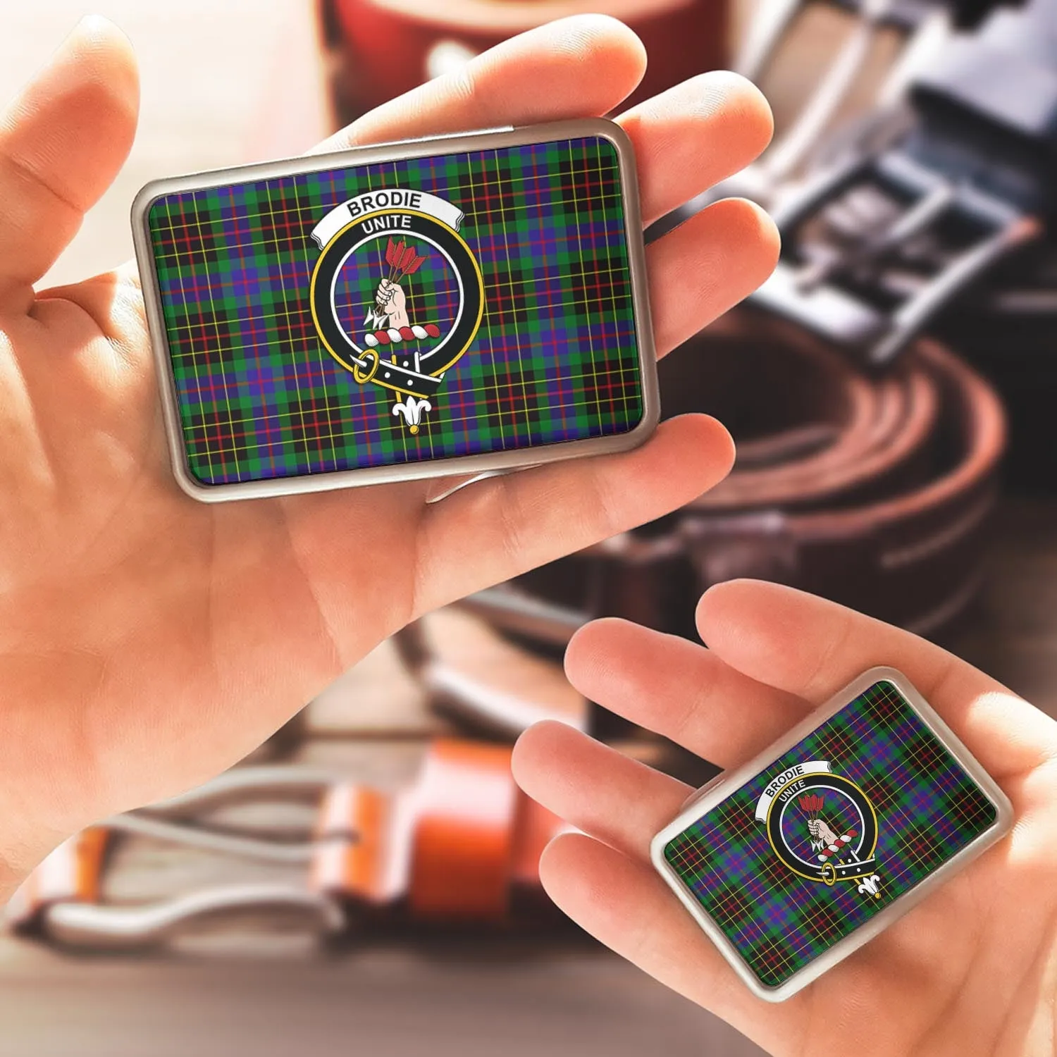 Brodie Hunting Modern Tartan Belt Buckles with Family Crest