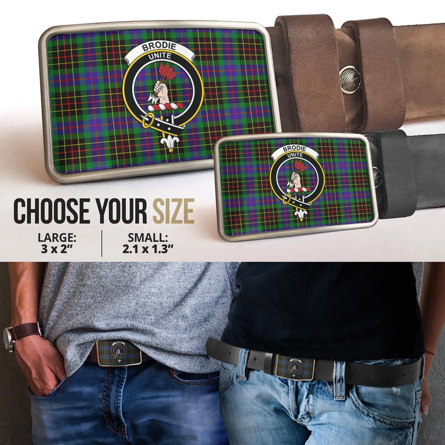 Brodie Hunting Modern Tartan Belt Buckles with Family Crest