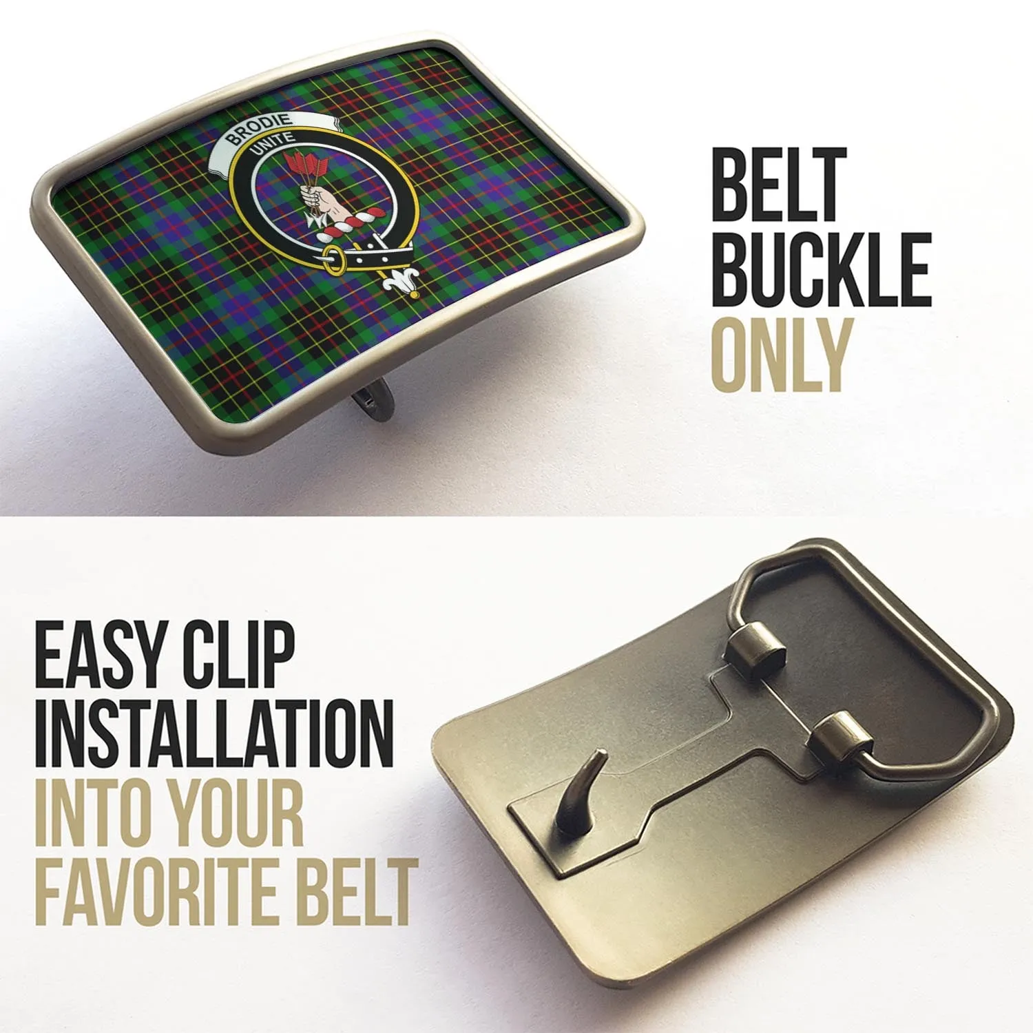 Brodie Hunting Modern Tartan Belt Buckles with Family Crest