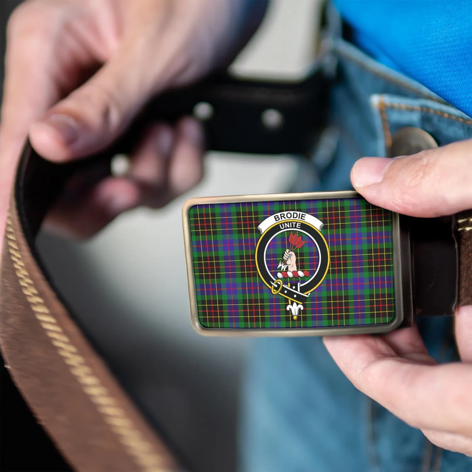 Brodie Hunting Modern Tartan Belt Buckles with Family Crest