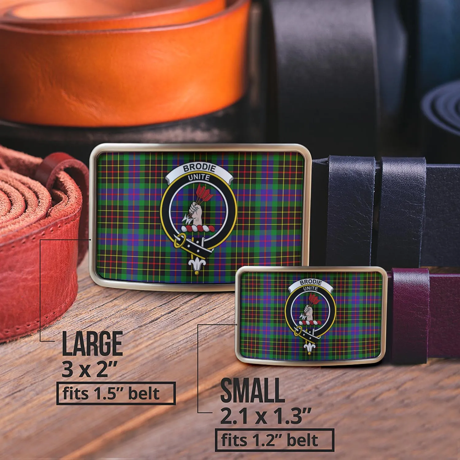 Brodie Hunting Modern Tartan Belt Buckles with Family Crest