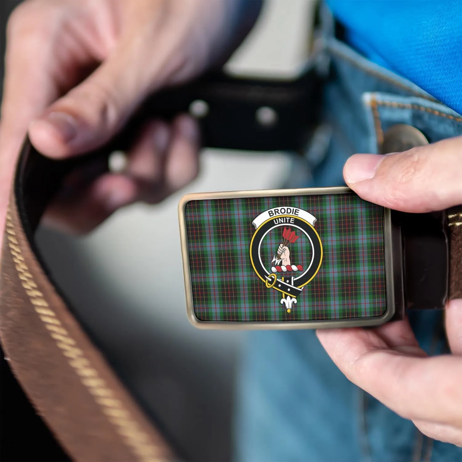 Brodie Hunting Tartan Belt Buckles with Family Crest