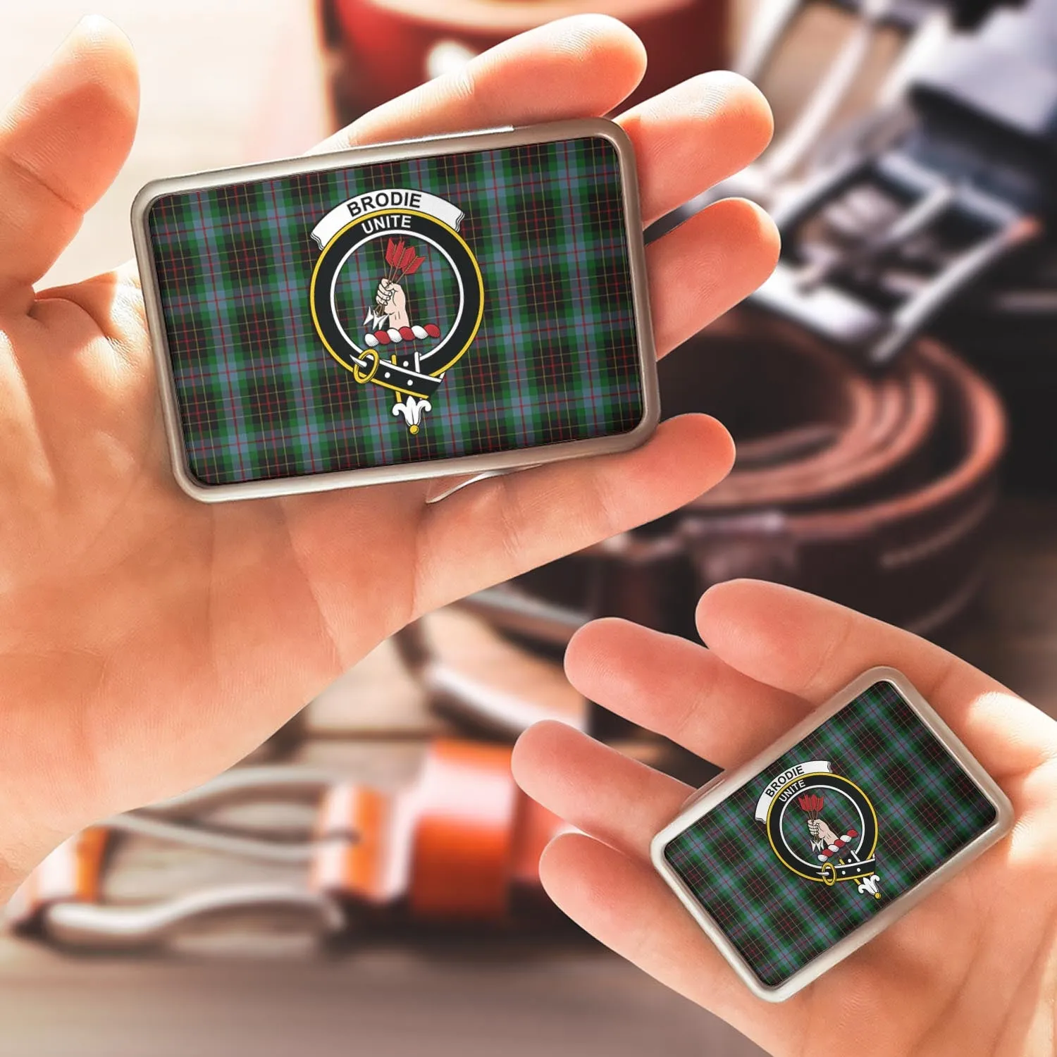 Brodie Hunting Tartan Belt Buckles with Family Crest