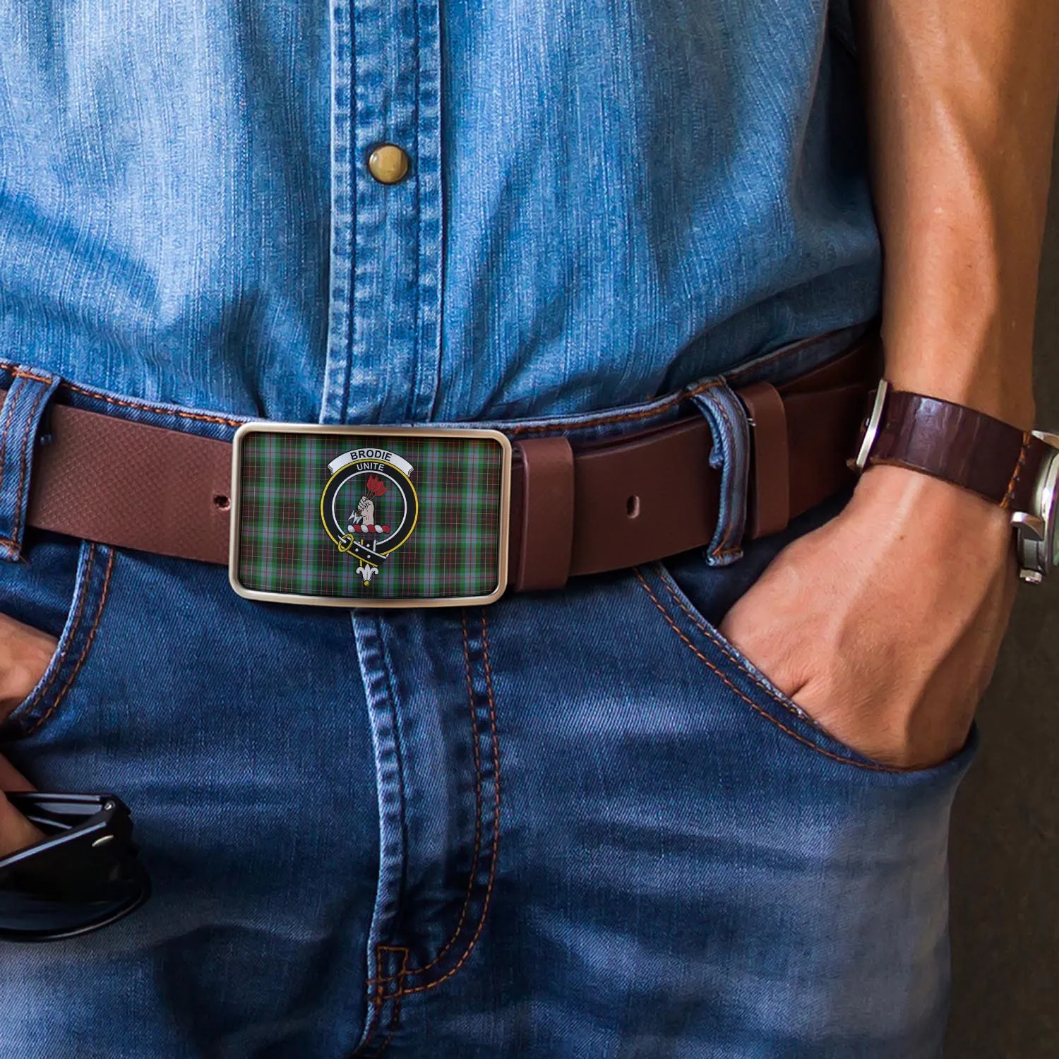 Brodie Hunting Tartan Belt Buckles with Family Crest