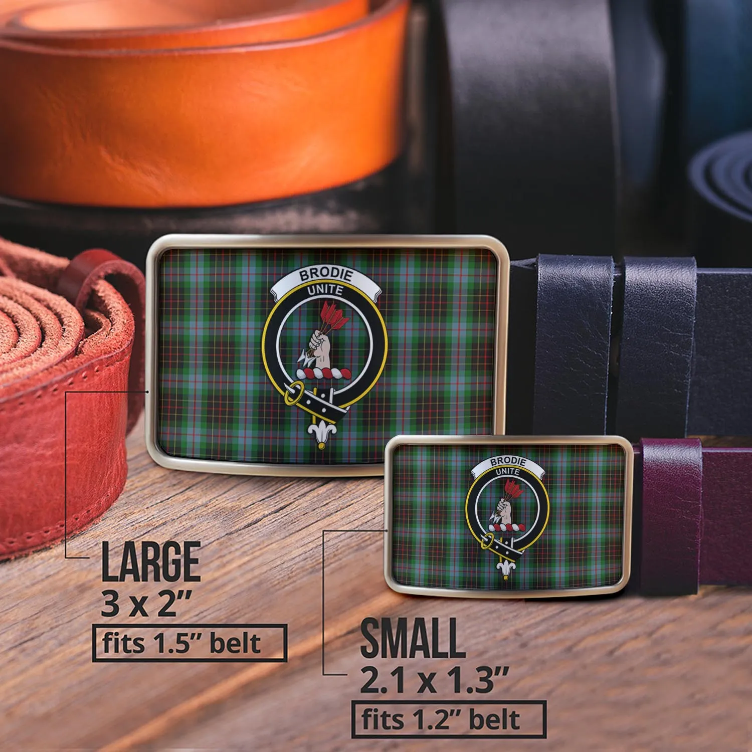 Brodie Hunting Tartan Belt Buckles with Family Crest