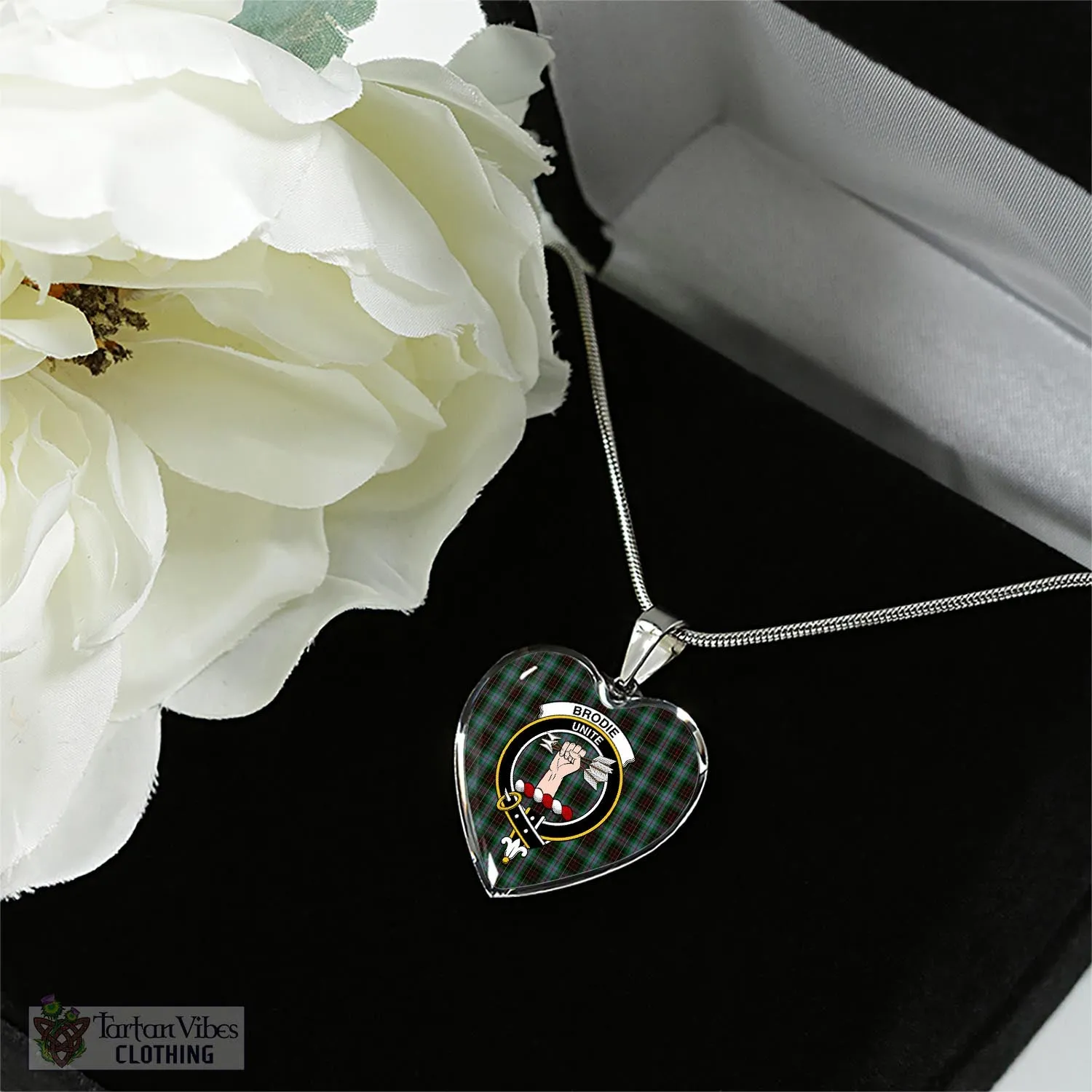 Brodie Hunting Tartan Heart Necklace with Family Crest