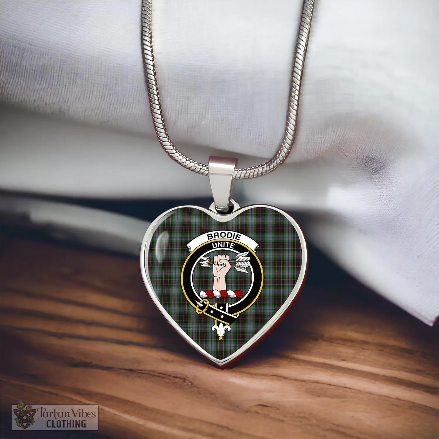 Brodie Hunting Tartan Heart Necklace with Family Crest