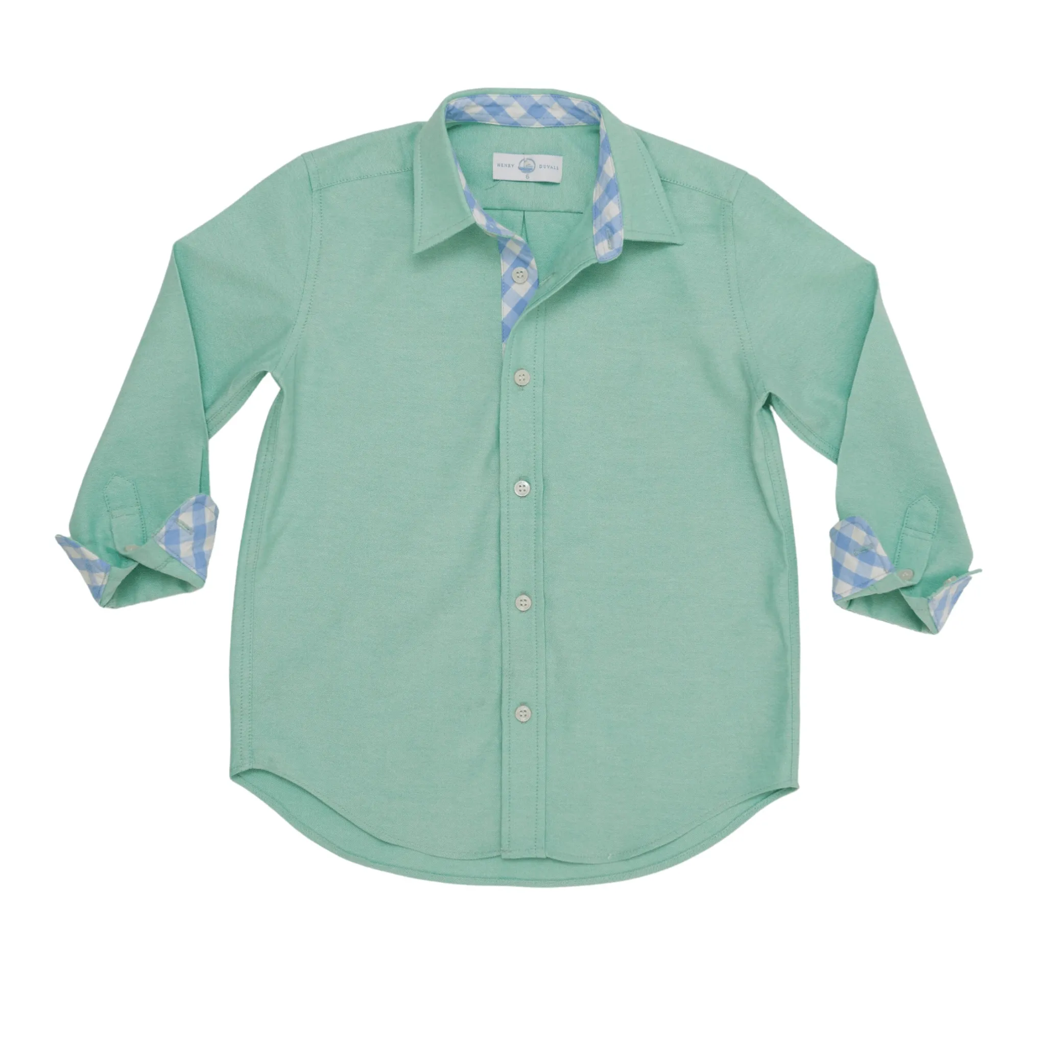 Brooks Button Down in Academy Green with Blue Gingham