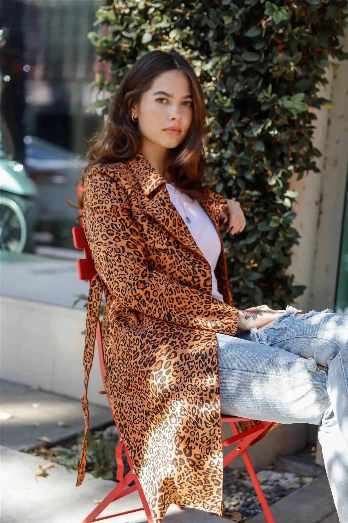 Brown Leopard Print Tie-Waist Vegan Suede Trench Coat /1-3-2