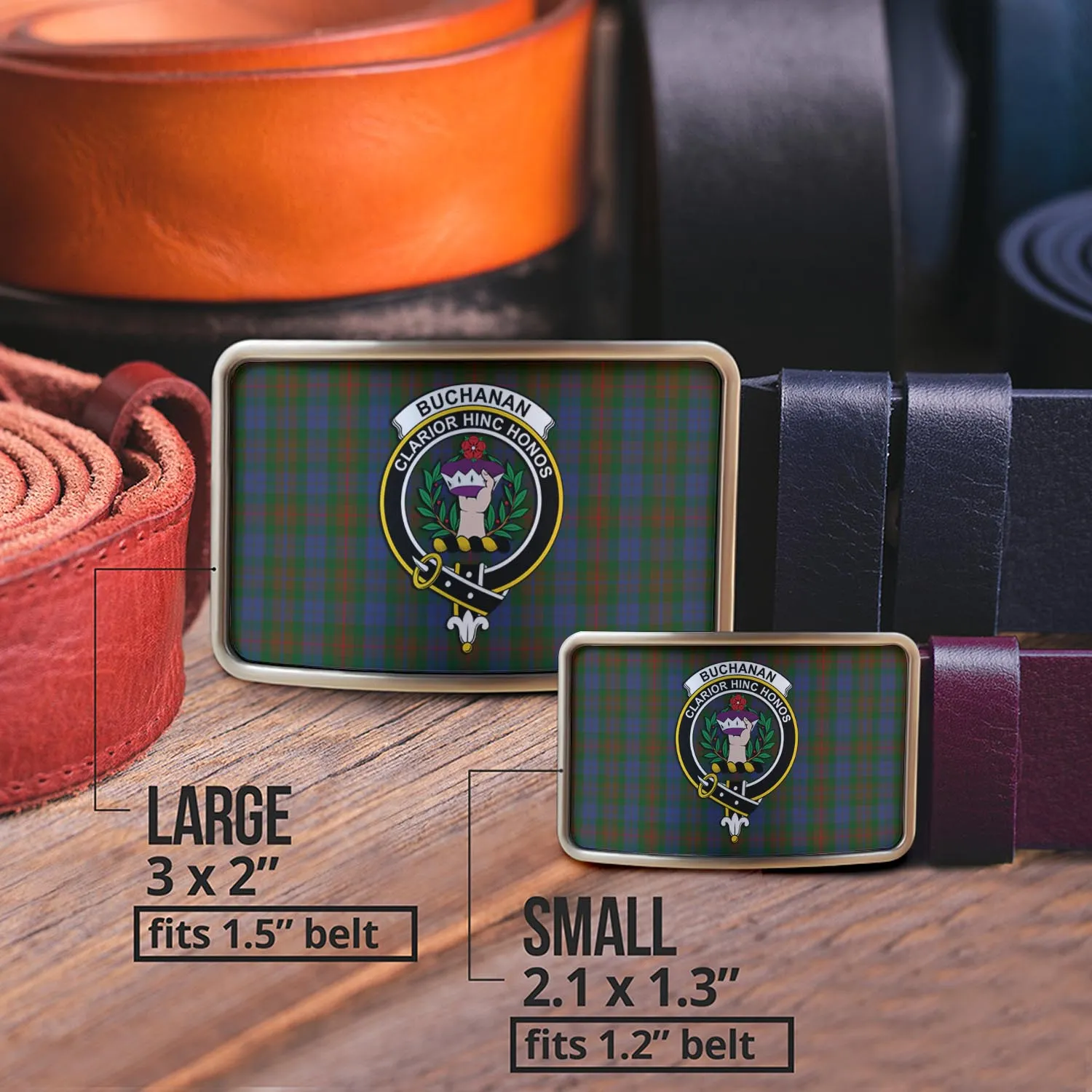 Buchanan Hunting Tartan Belt Buckles with Family Crest