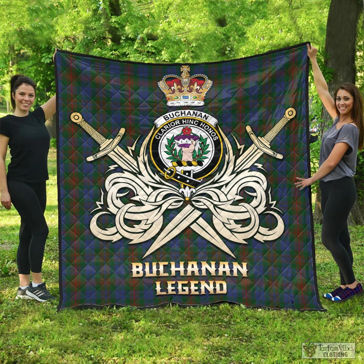 Buchanan Hunting Tartan Quilt with Clan Crest and the Golden Sword of Courageous Legacy