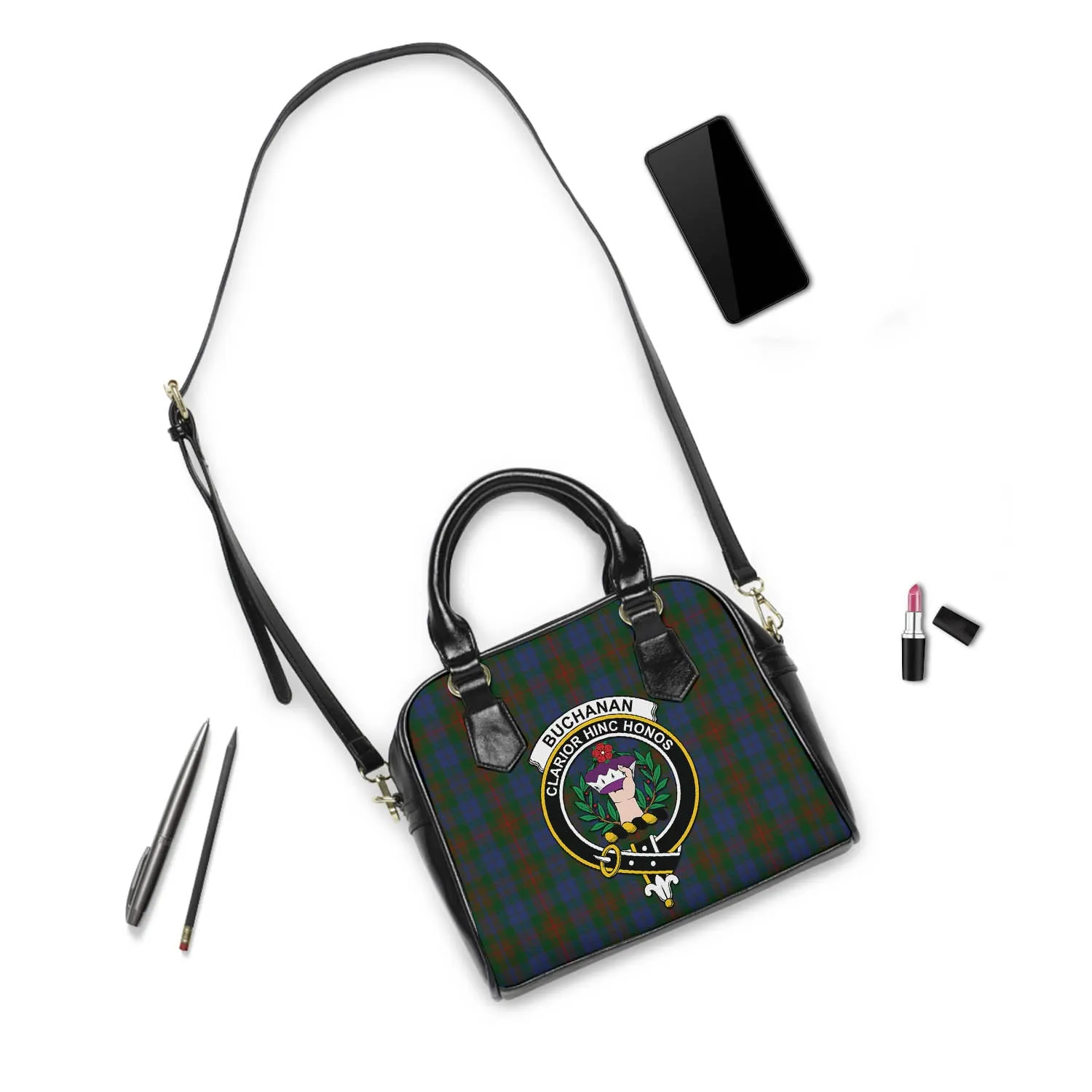 Buchanan Hunting Tartan Shoulder Handbags with Family Crest