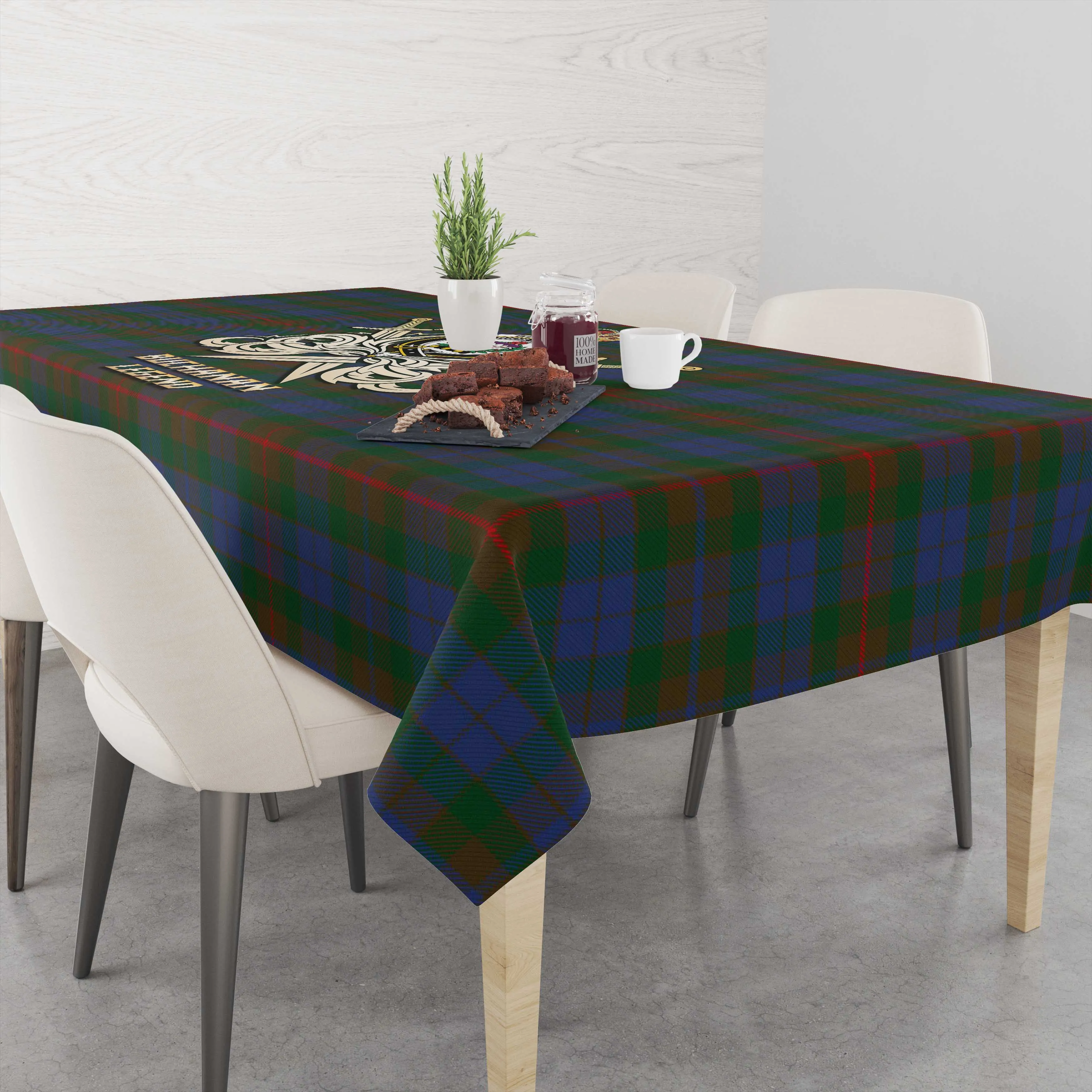 Buchanan Hunting Tartan Tablecloth with Clan Crest and the Golden Sword of Courageous Legacy