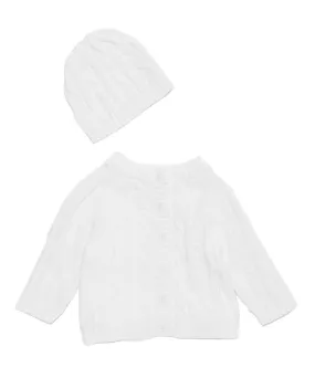 Cable Knit Baby's Cardigan with Beanie - White