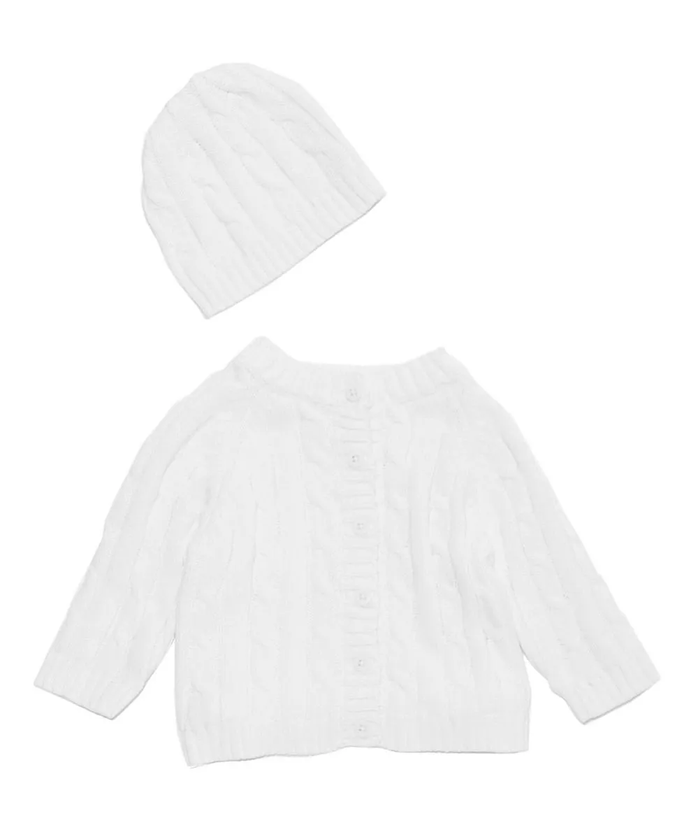 Cable Knit Baby's Cardigan with Beanie - White