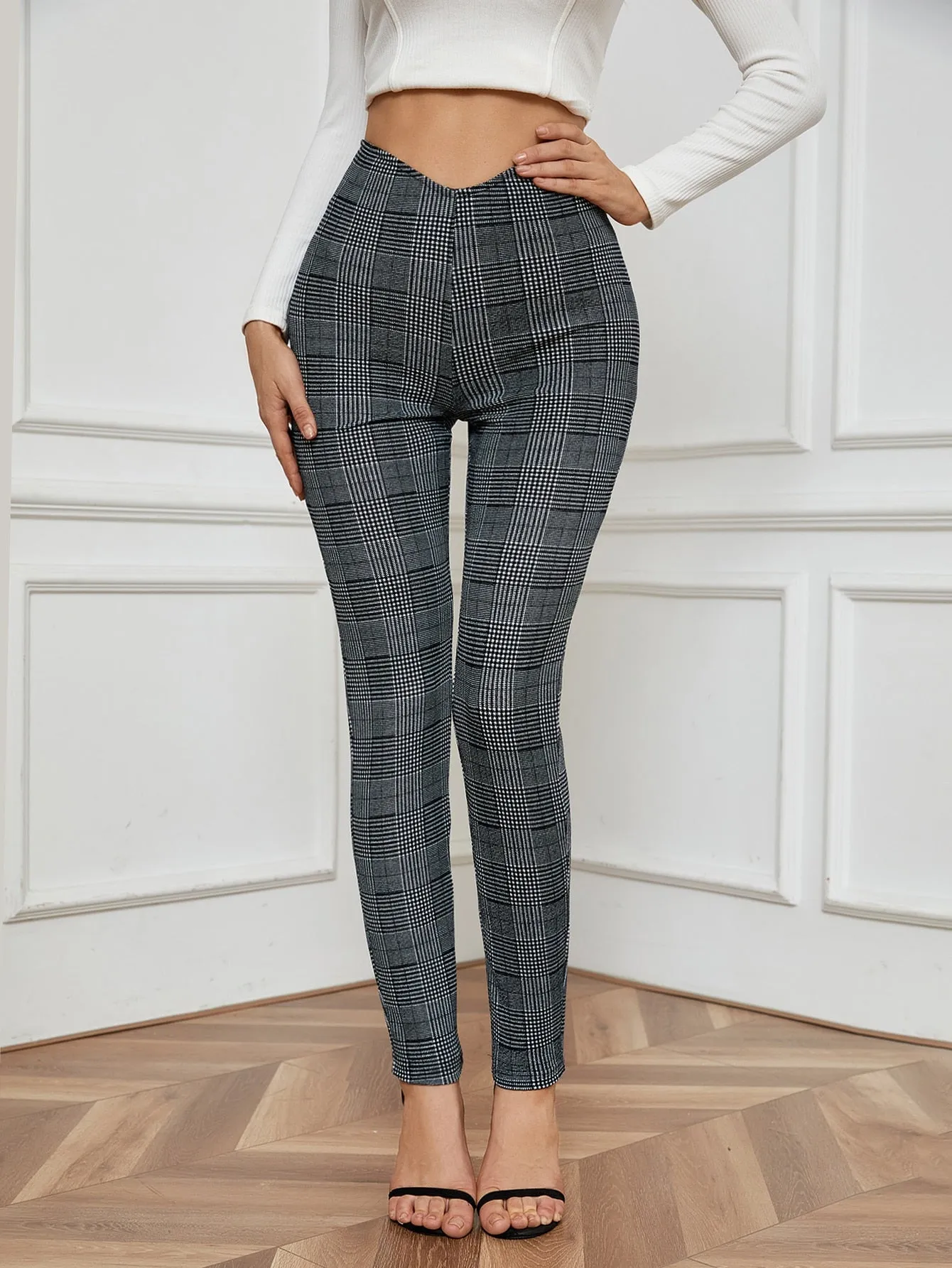 Casual Plaid Zipper High Waist Cropped Women Pants