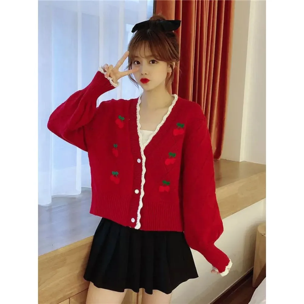 Cherry Embroidery Knit Cardigan Sweater - A Sweet and Stylish Delight! 🍒👚