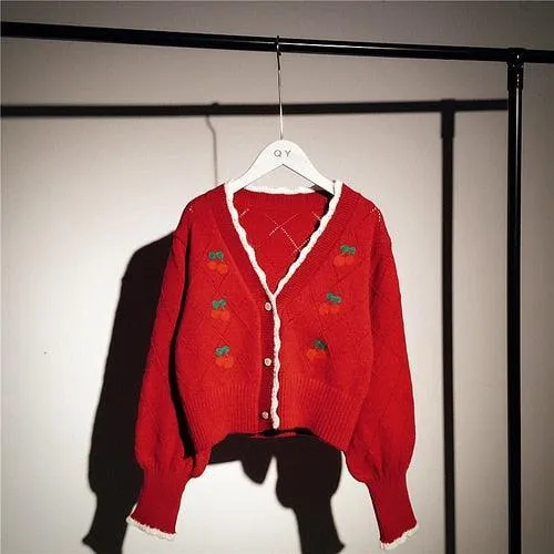 Cherry Embroidery Knit Cardigan Sweater - A Sweet and Stylish Delight! 🍒👚