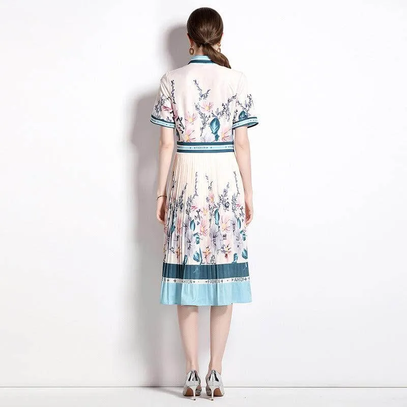 Chic Mid-Length Pleated Printed Dress with Belt and Short Sleeves