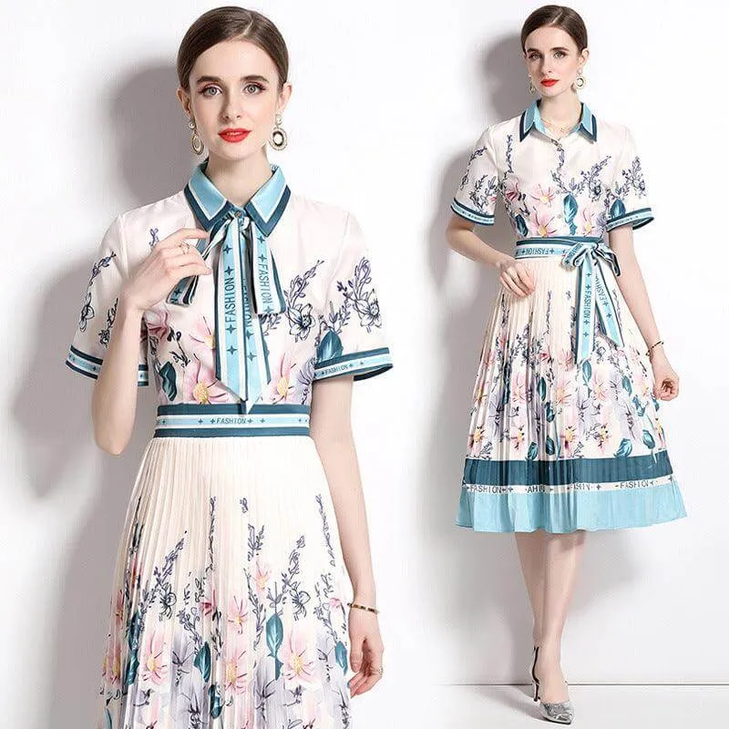 Chic Mid-Length Pleated Printed Dress with Belt and Short Sleeves