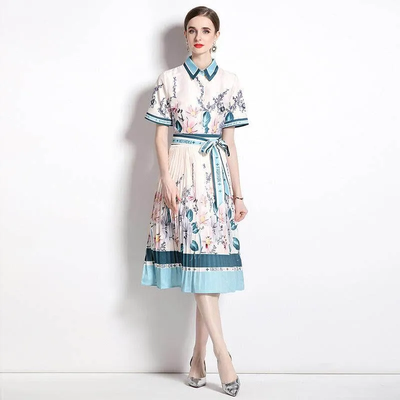 Chic Mid-Length Pleated Printed Dress with Belt and Short Sleeves