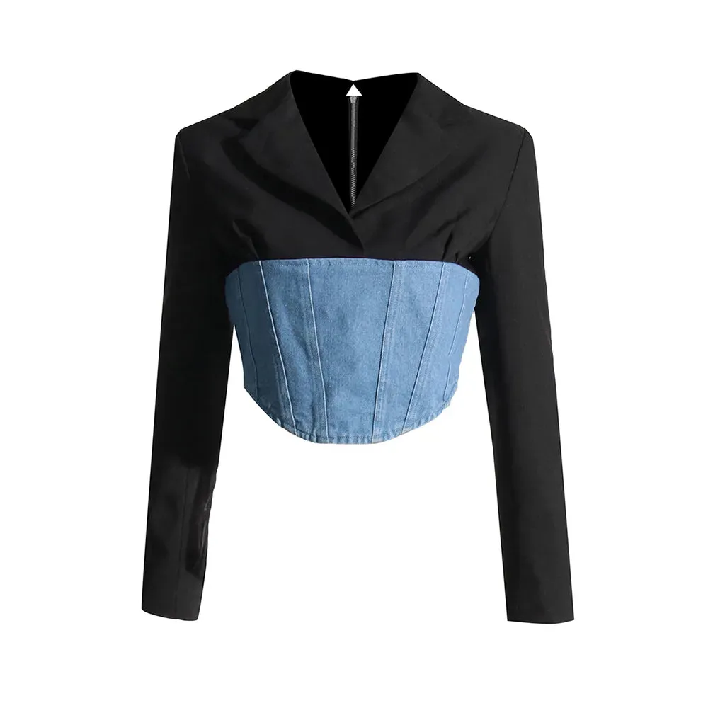 Chic Patchwork Denim Blazer For Women Notched Collar Long Sleeve Slim Temperament Blazer Female Fashion Clothing