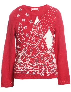 Christmas Tree Design Red & White Sequined Jumper - M