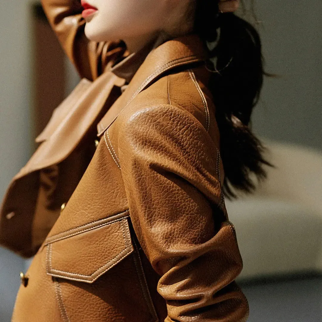 Coat Collar Buckle Leather Women's Short Slim-fitting Biker Jacket