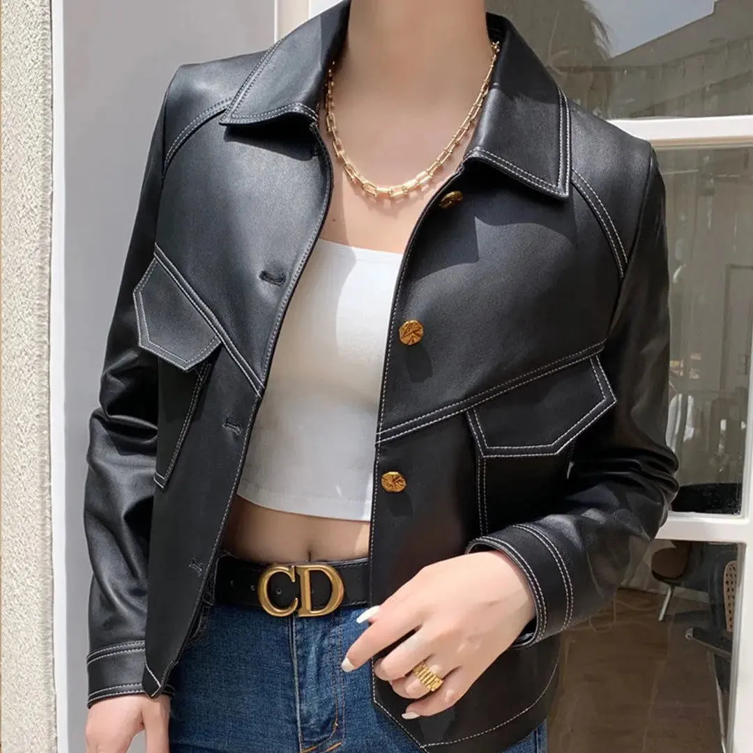 Coat Collar Buckle Leather Women's Short Slim-fitting Biker Jacket