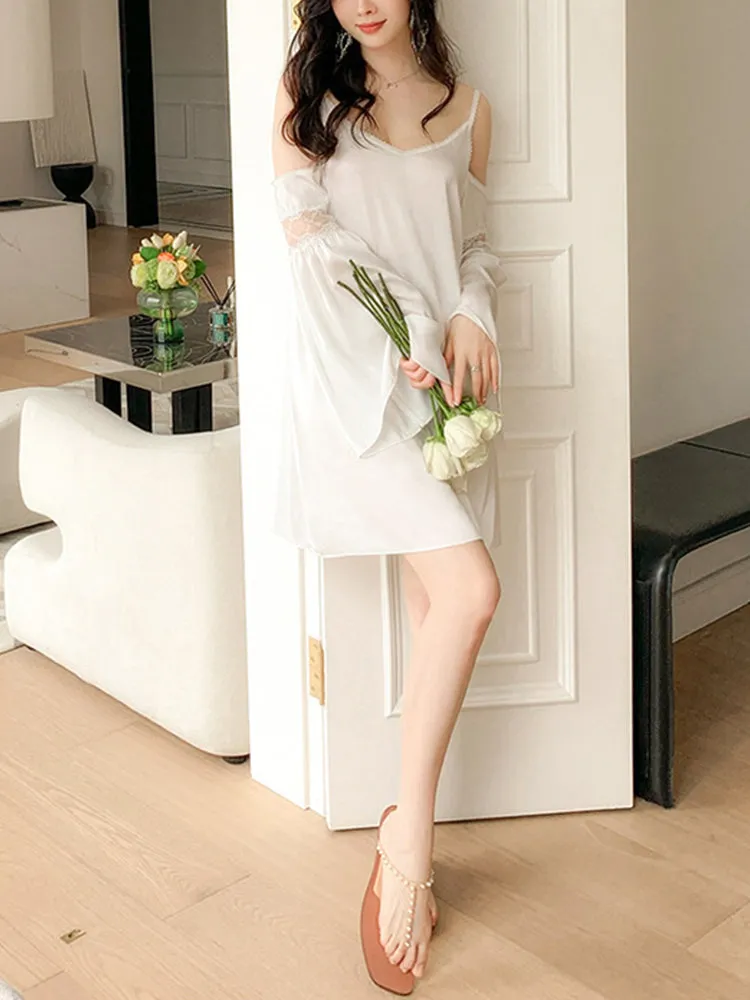 Comfort White Satin Slip Midi/Knee-length Sleepwear