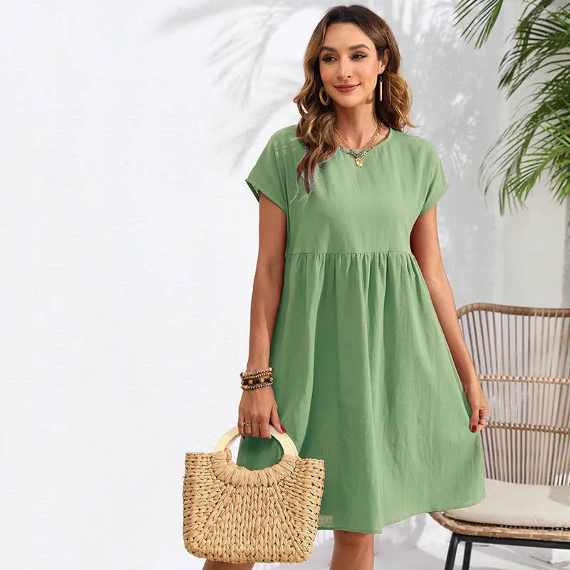 COTTON LINEN ROUND NECK A-LINE POCKET DRESS_CWDMD2381