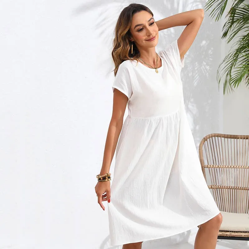 COTTON LINEN ROUND NECK A-LINE POCKET DRESS_CWDMD2381