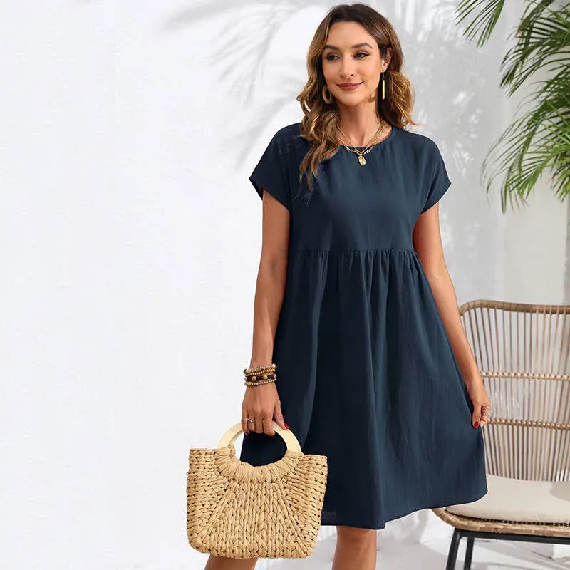 COTTON LINEN ROUND NECK A-LINE POCKET DRESS_CWDMD2381