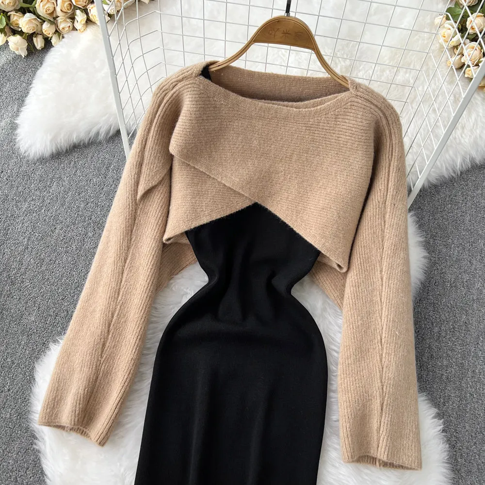 Crew Neck Smock&Slip Dress Knitted 2Pcs