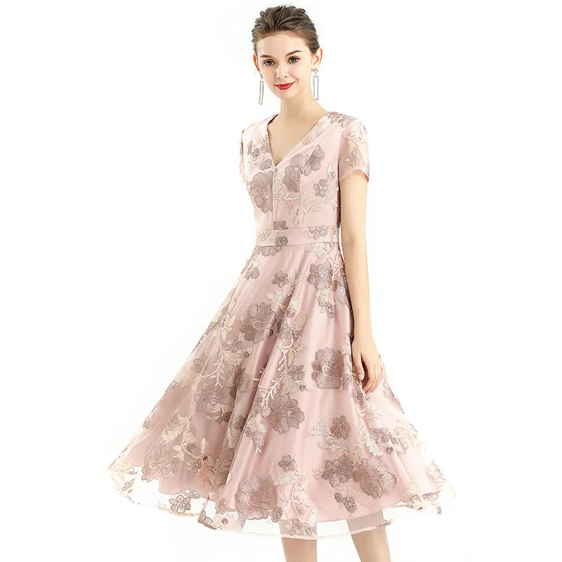 D063-2 Women flower embroidered tulle V neck cap sleeves flared midi evening dress