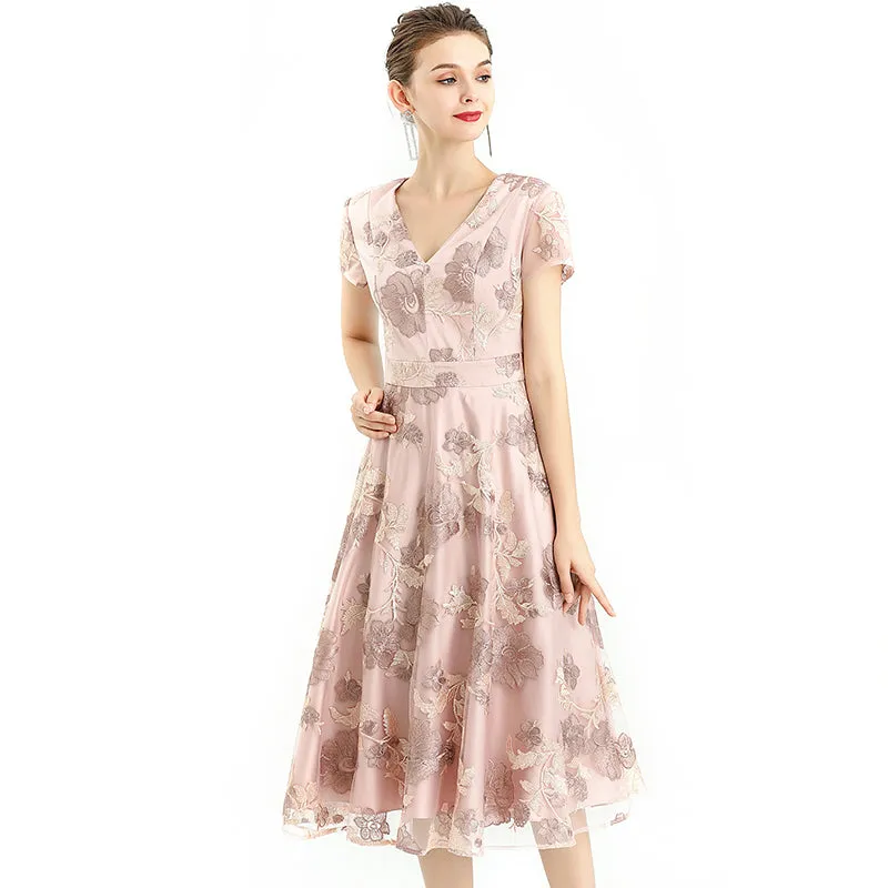 D063-2 Women flower embroidered tulle V neck cap sleeves flared midi evening dress