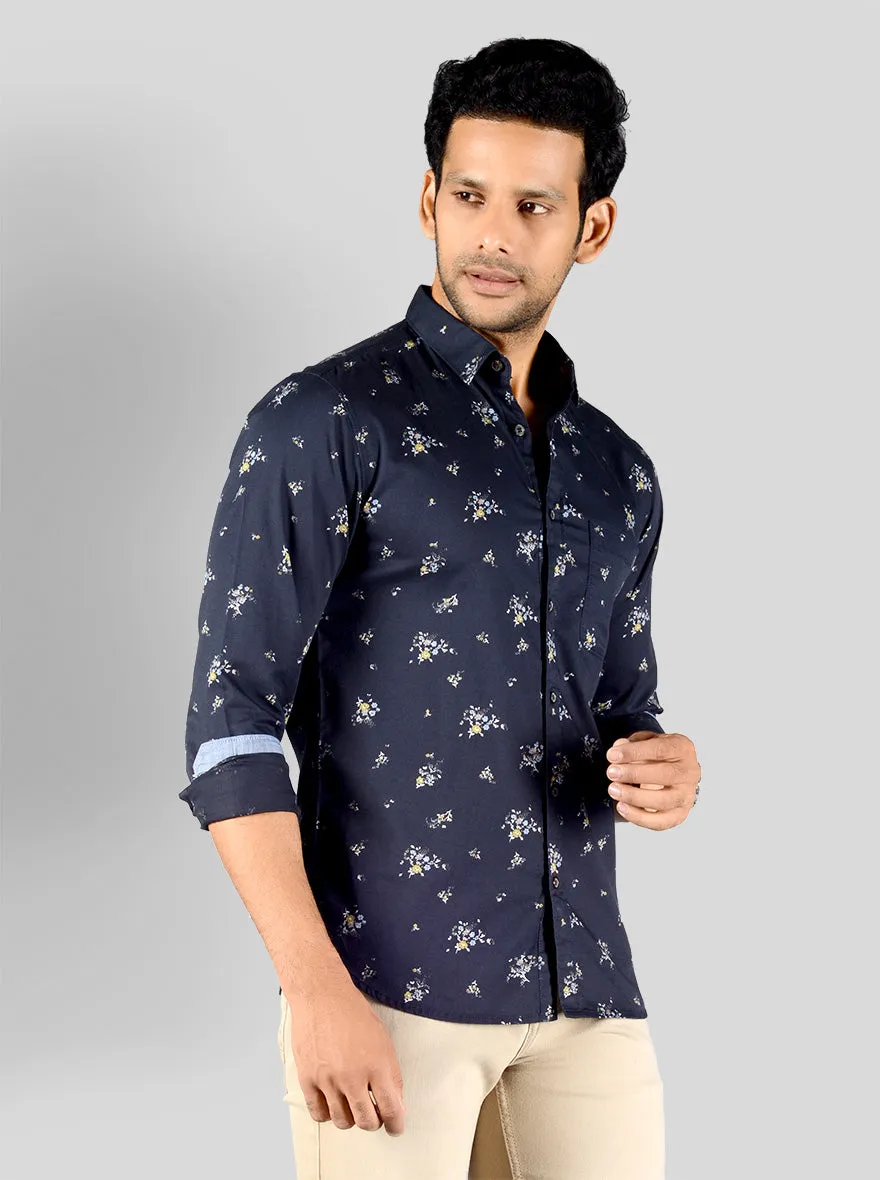 Eclipse Blue Printed Slim Fit Casual Shirt | Greenfibre