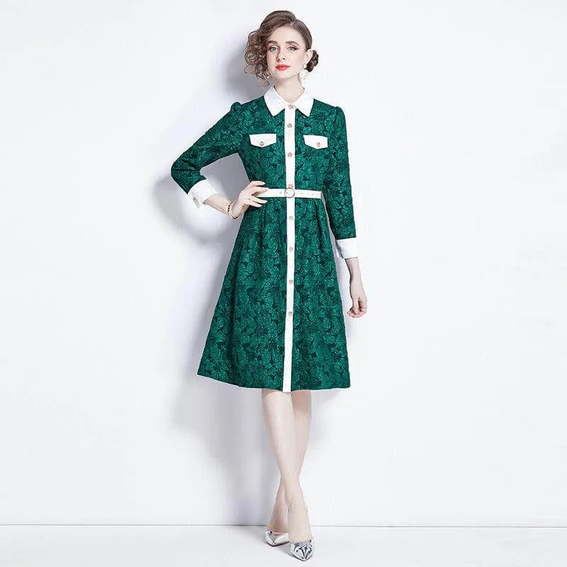 Elegant Dark Green Jacquard Long Sleeve Dress