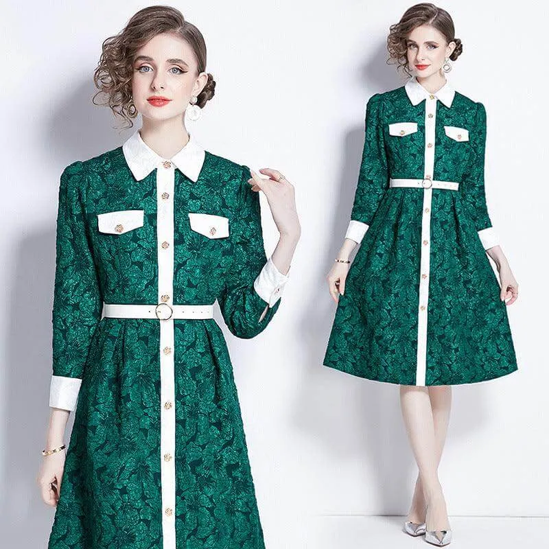 Elegant Dark Green Jacquard Long Sleeve Dress