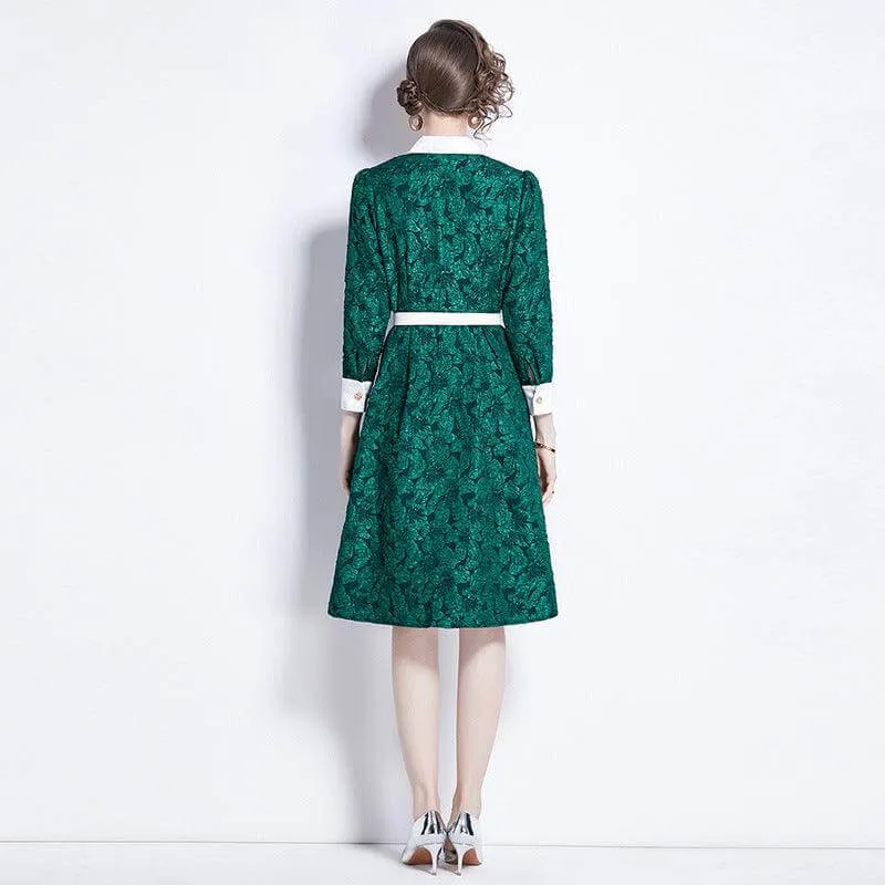 Elegant Dark Green Jacquard Long Sleeve Dress