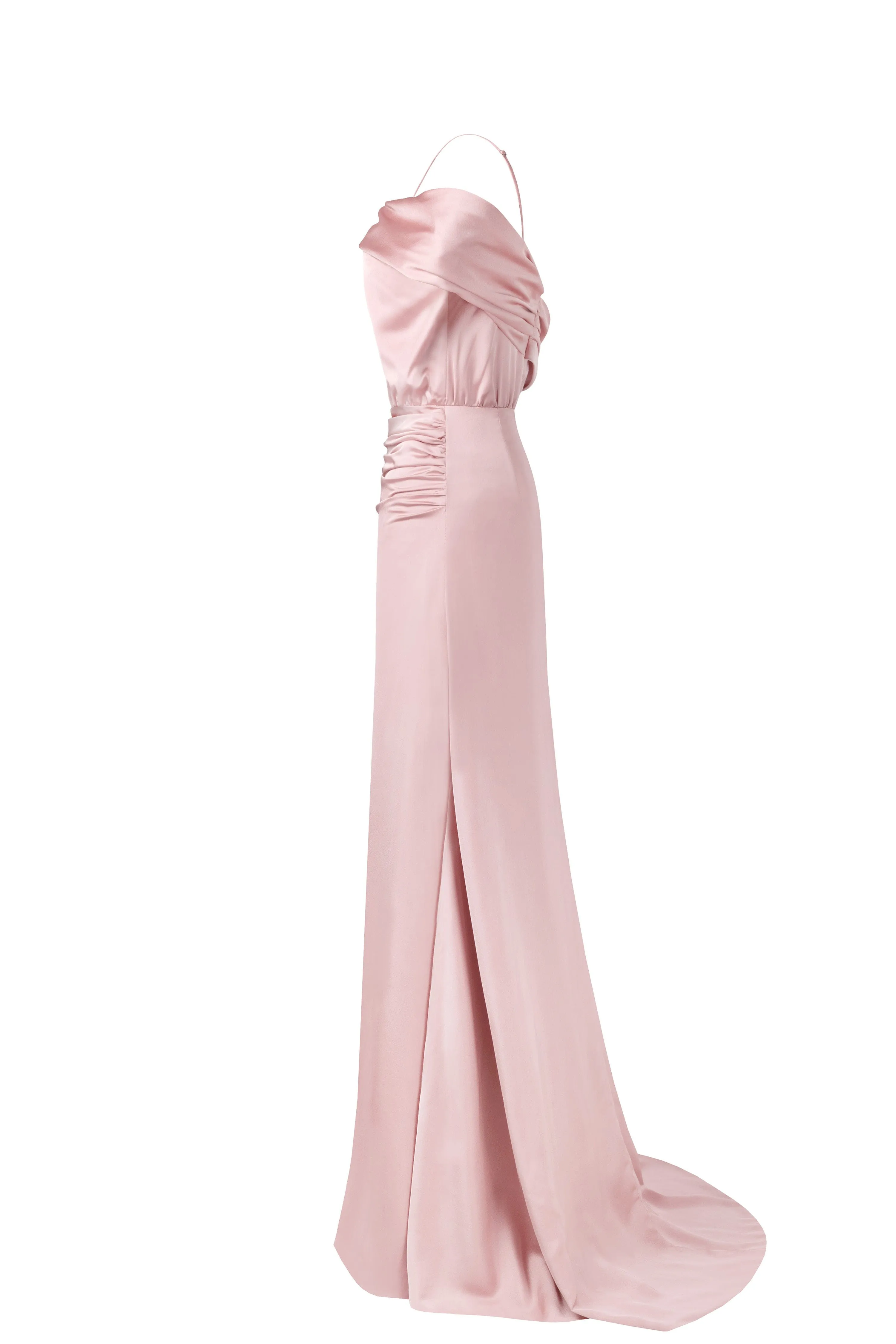 Elegant misty rose off-the-shoulder silk maxi dress