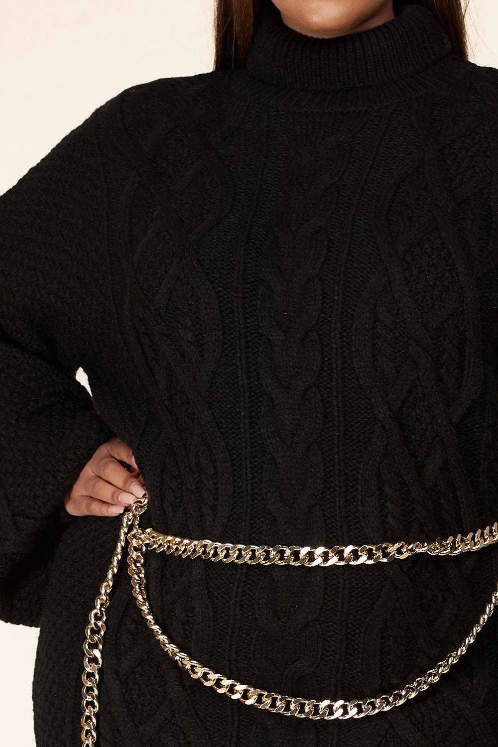 Fasheabe Plus Size Turtleneck Cable Knit Black Sweater Dress