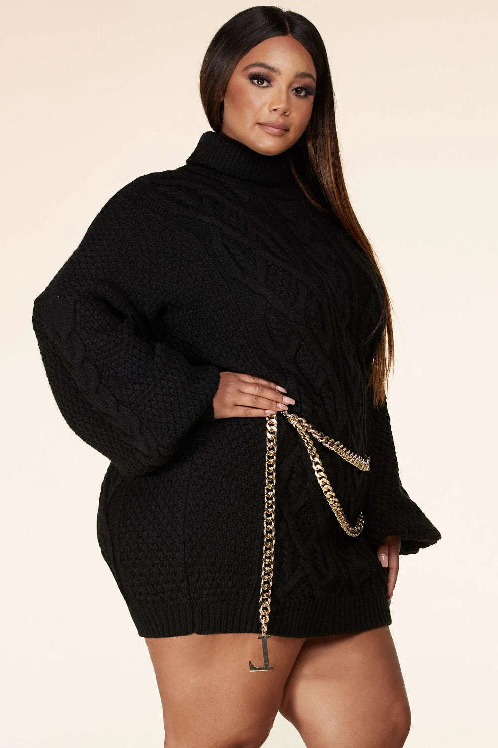 Fasheabe Plus Size Turtleneck Cable Knit Black Sweater Dress