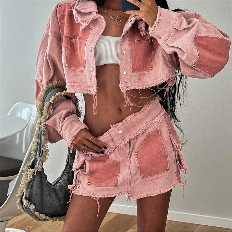 Fashionkova clothes Fashionable Autumn Women's Clothing New Casual Tooling Contrast Color Lapel Slim Denim Cardigan Coat for Women