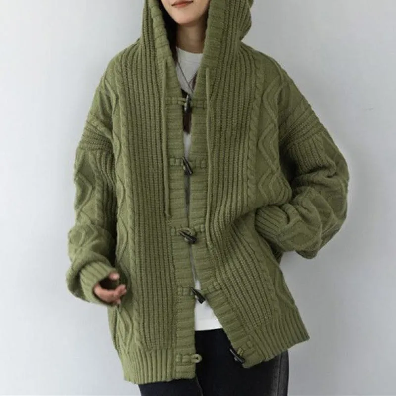 Fashionkova dandy hoodie Retro Green Horn Buckle Twist Sweater Coat for Women Spring and Autumn Loose Lazy Hooded Knitted Cardigan Thickened Upper