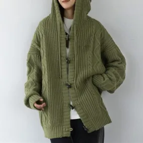 Fashionkova dandy hoodie Retro Green Horn Buckle Twist Sweater Coat for Women Spring and Autumn Loose Lazy Hooded Knitted Cardigan Thickened Upper